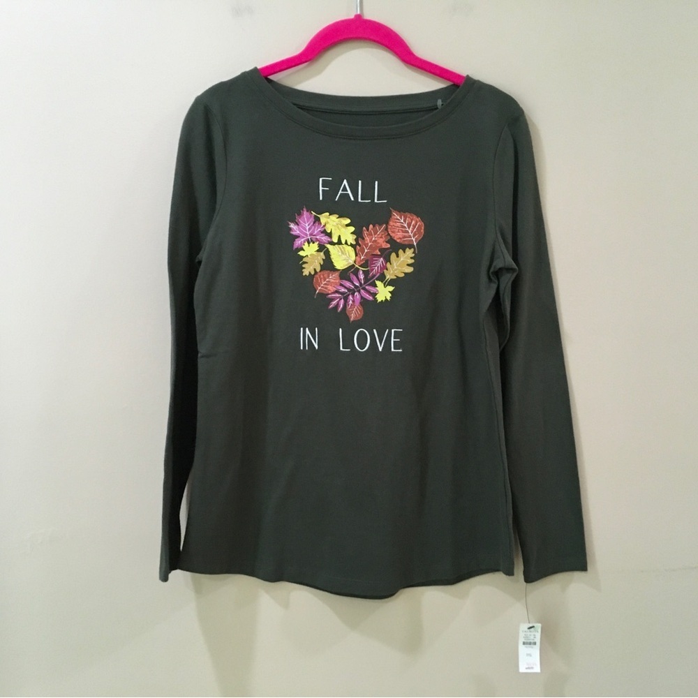 Talbots Cotton Bateau Neck Tee Shirt Fall In Love  Green - Picture 3 of 4